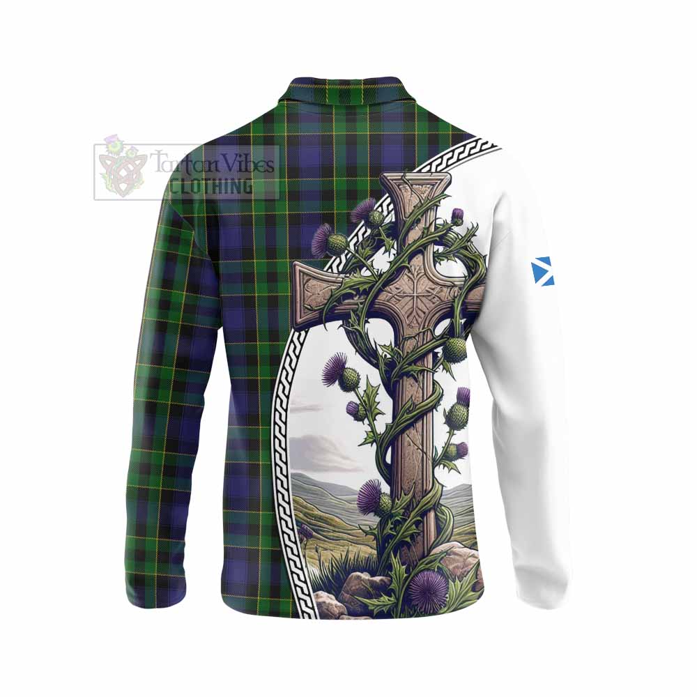 Tartan Vibes Clothing Mowat Tartan Long Sleeve Polo Shirt with Family Crest and St. Andrew's Cross Accented by Thistle Vines