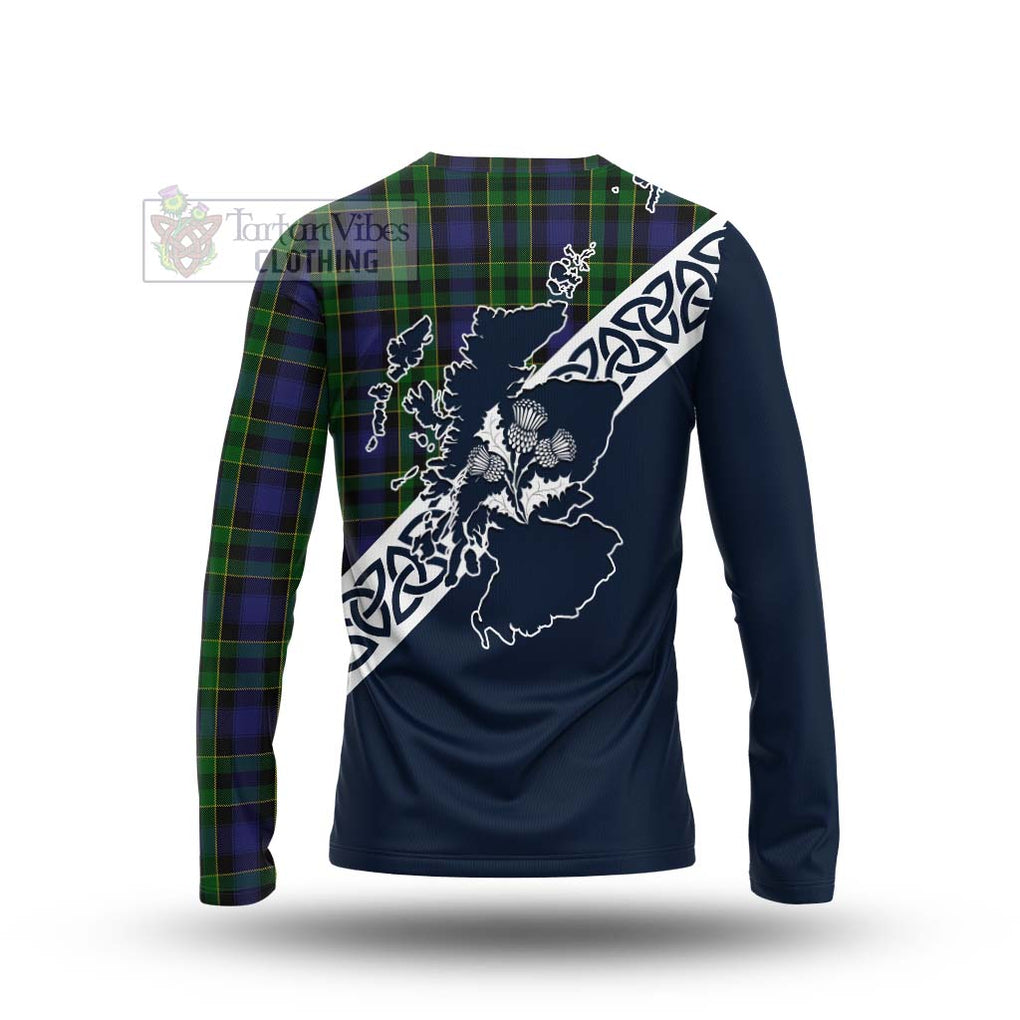 Tartan Vibes Clothing Mowat Tartan Long Sleeve T-Shirt Featuring Thistle and Scotland Map