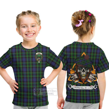 Mowat Tartan Kid T-Shirt with Family Crest and Bearded Skull Holding Bottles of Whiskey