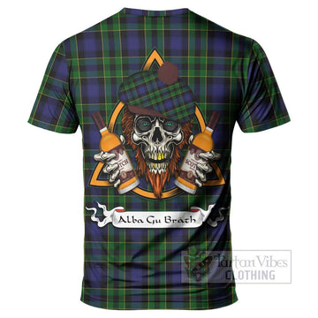 Mowat Tartan T-Shirt with Family Crest and Bearded Skull Holding Bottles of Whiskey