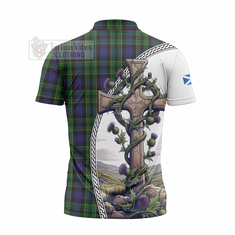 Tartan Vibes Clothing Mowat Tartan Zipper Polo Shirt with Family Crest and St. Andrew's Cross Accented by Thistle Vines