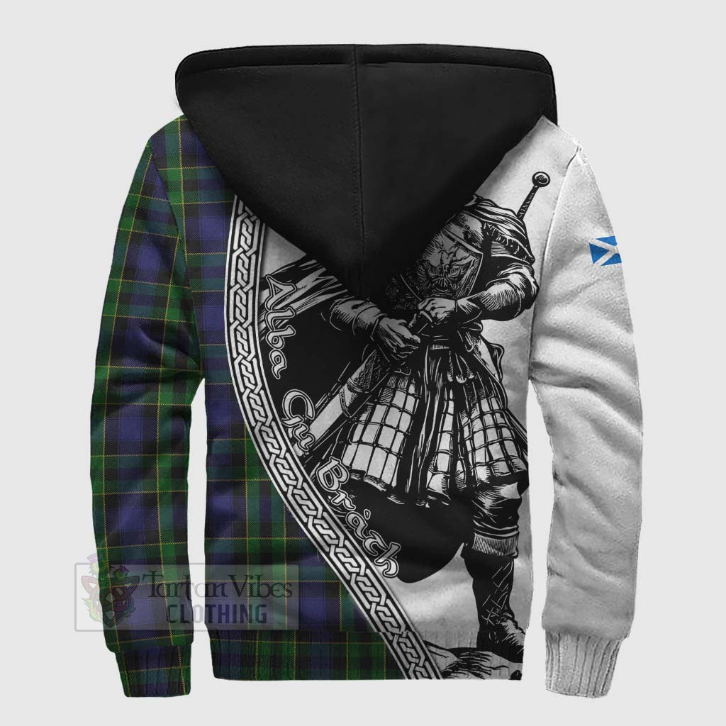 Tartan Vibes Clothing Mowat Tartan Clan Crest Sherpa Hoodie with Highlander Warrior Celtic Style