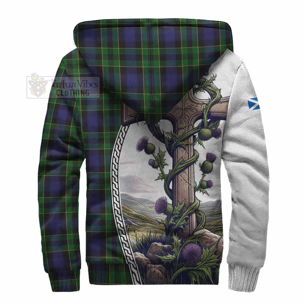 Tartan Vibes Clothing Mowat Tartan Sherpa Hoodie with Family Crest and St. Andrew's Cross Accented by Thistle Vines