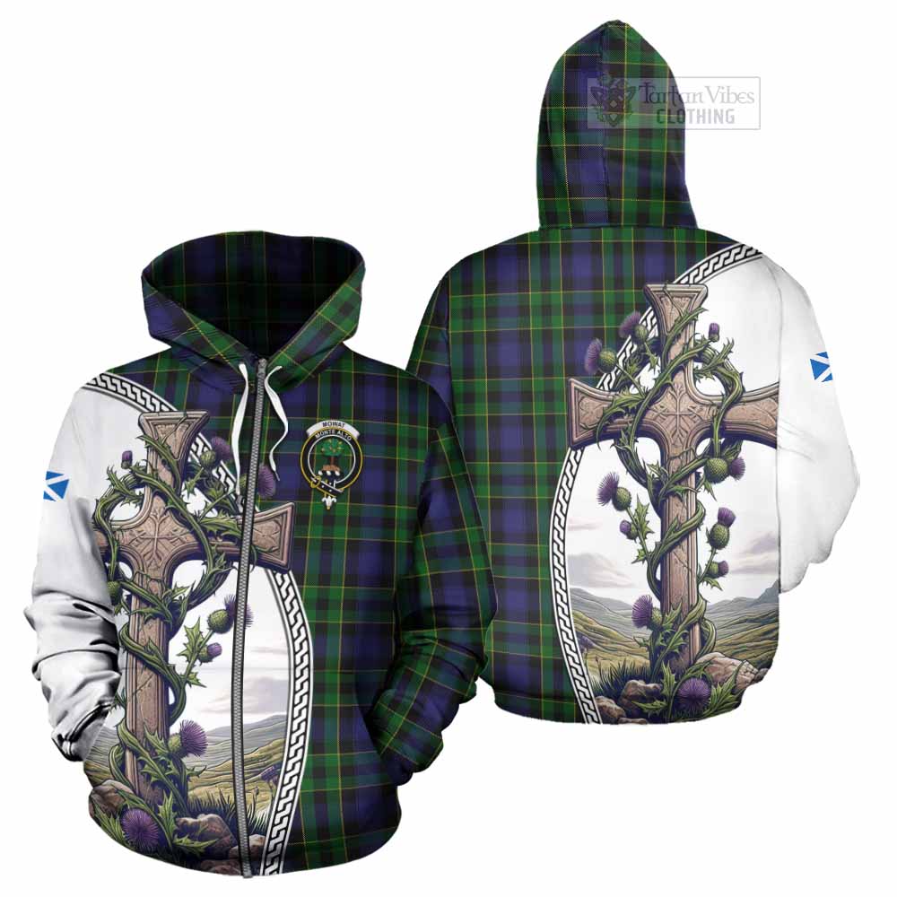 Tartan Vibes Clothing Mowat Tartan Hoodie with Family Crest and St. Andrew's Cross Accented by Thistle Vines