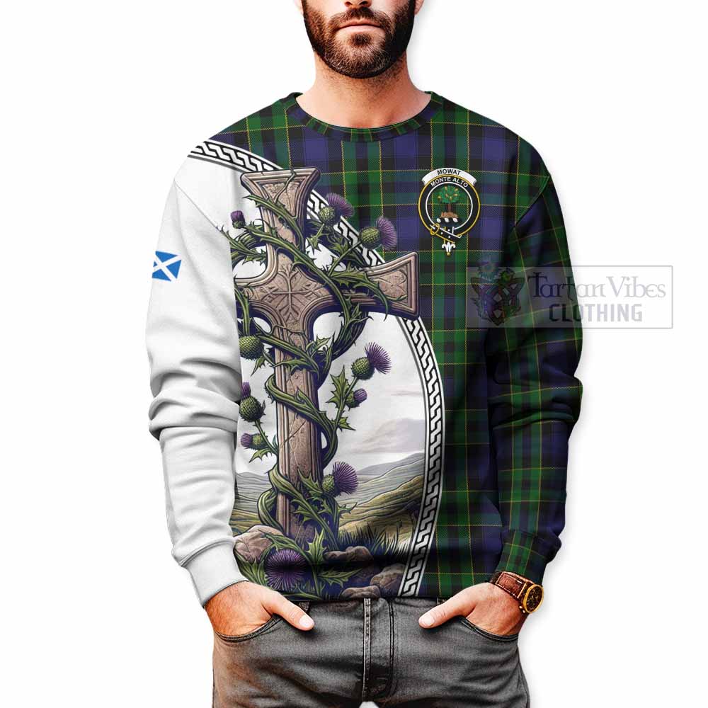 Tartan Vibes Clothing Mowat Tartan Sweatshirt with Family Crest and St. Andrew's Cross Accented by Thistle Vines