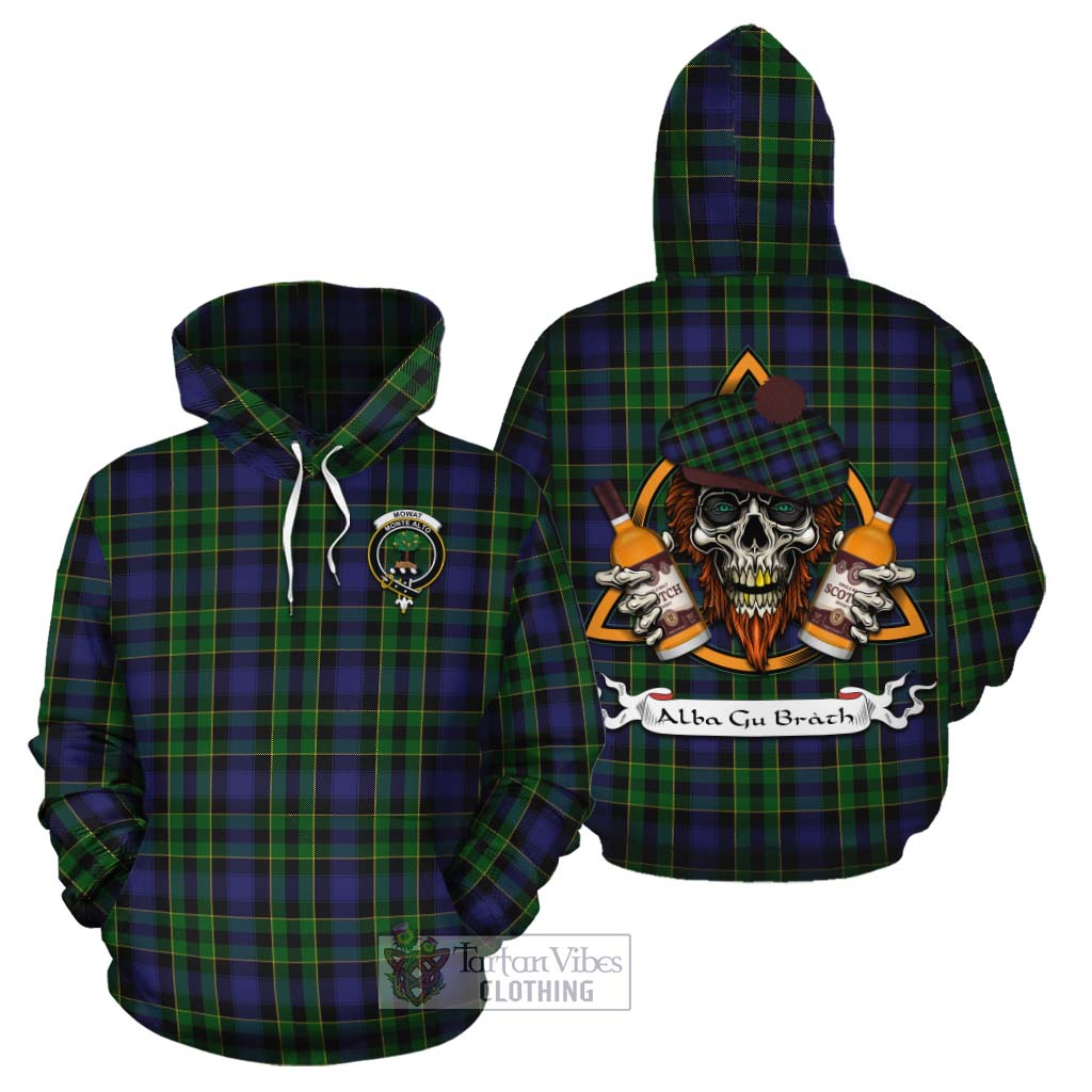 Tartan Vibes Clothing Mowat Tartan Cotton Hoodie with Family Crest and Bearded Skull Holding Bottles of Whiskey