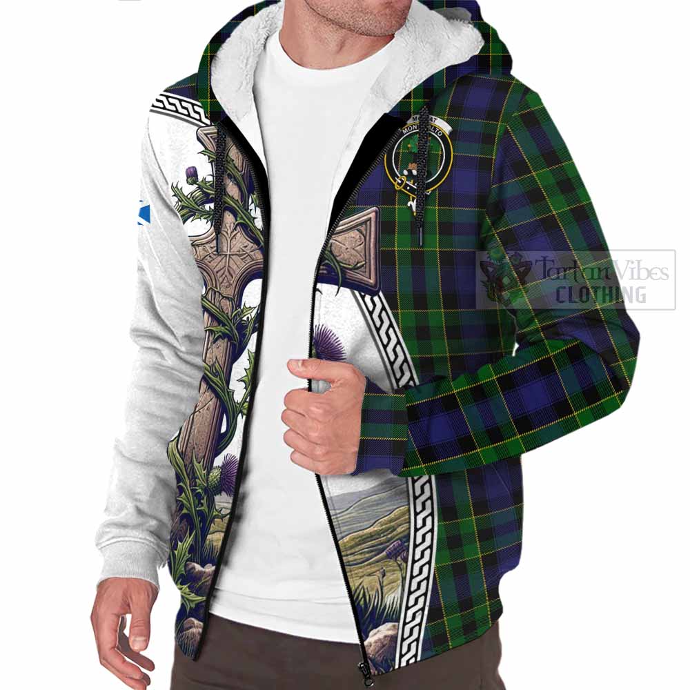 Tartan Vibes Clothing Mowat Tartan Sherpa Hoodie with Family Crest and St. Andrew's Cross Accented by Thistle Vines