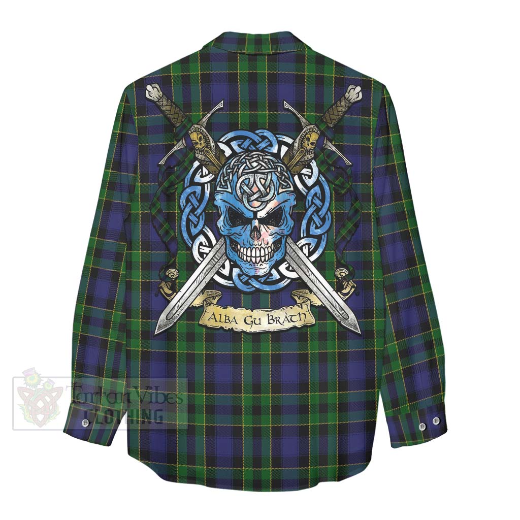 Tartan Vibes Clothing Mowat Tartan Women's Casual Shirt with Family Crest Celtic Skull Style