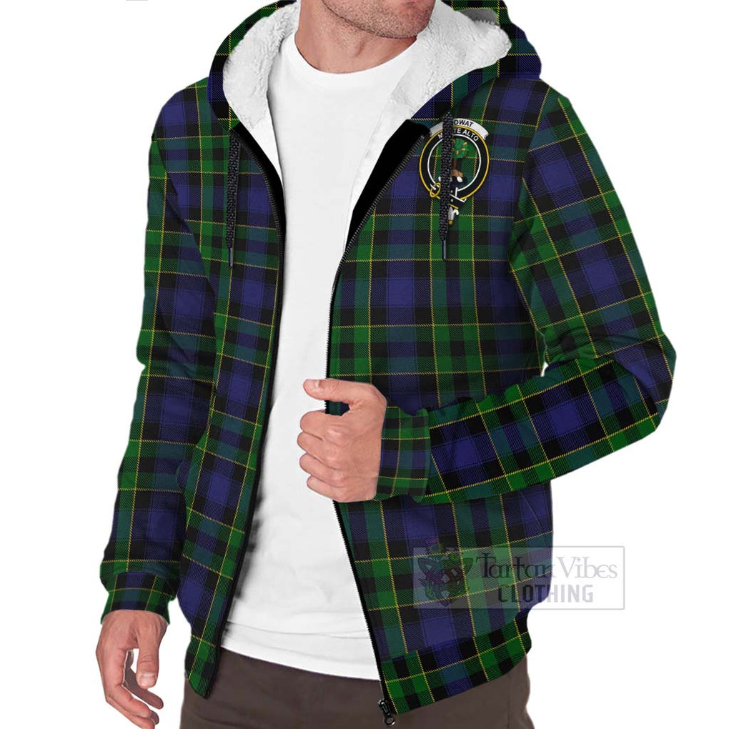 Tartan Vibes Clothing Mowat Tartan Sherpa Hoodie with Family Crest and Bearded Skull Holding Bottles of Whiskey