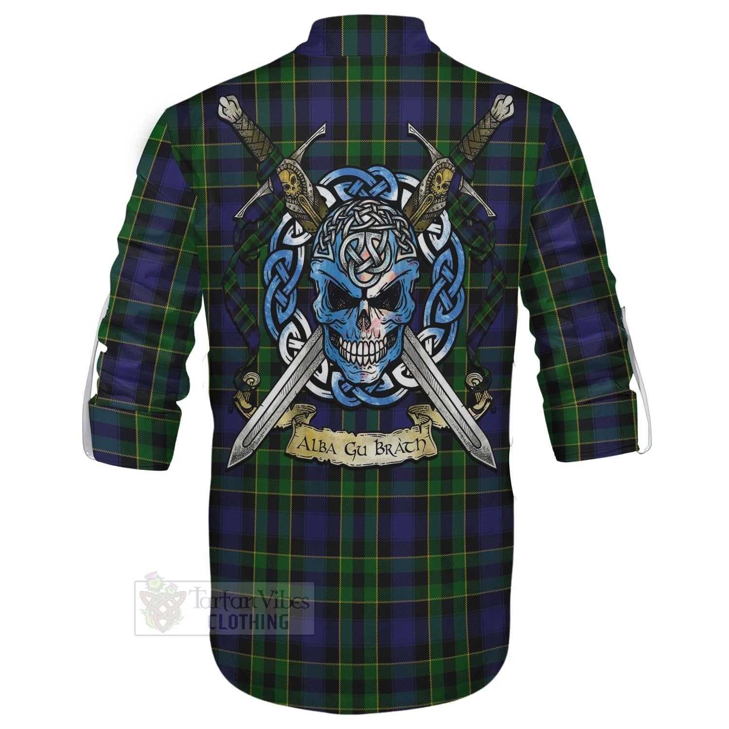 Tartan Vibes Clothing Mowat Tartan Ghillie Kilt Shirt with Family Crest Celtic Skull Style