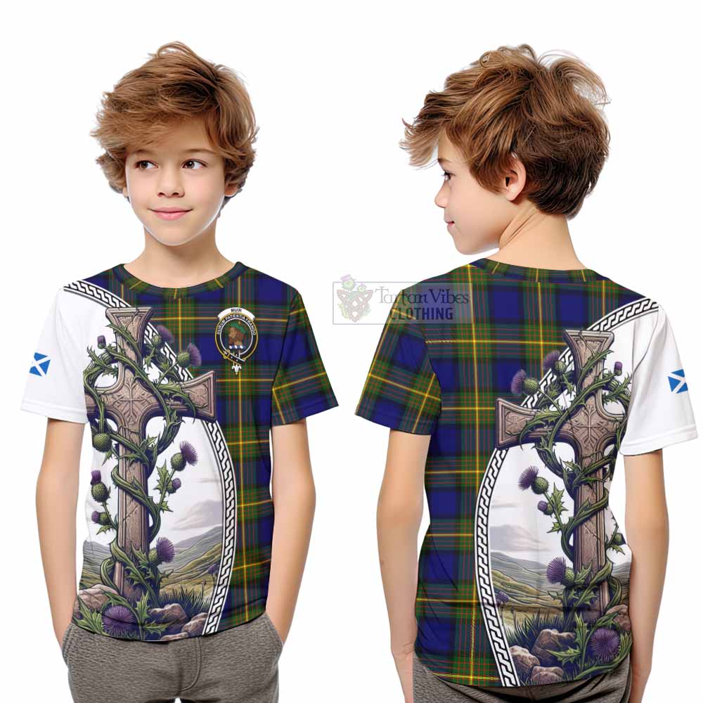 Tartan Vibes Clothing Muir Tartan Kid T-Shirt with Family Crest and St. Andrew's Cross Accented by Thistle Vines