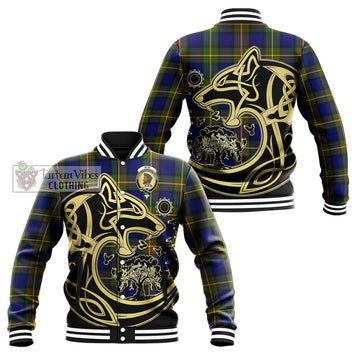 Muir Tartan Baseball Jacket with Family Crest Celtic Wolf Style