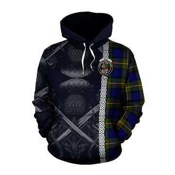 Muir Tartan Cotton Hoodie with Family Crest Cross Sword Thistle Celtic Vibes