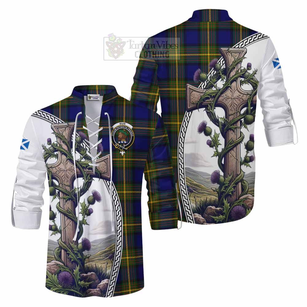 Tartan Vibes Clothing Muir Tartan Ghillie Kilt Shirt with Family Crest and St. Andrew's Cross Accented by Thistle Vines