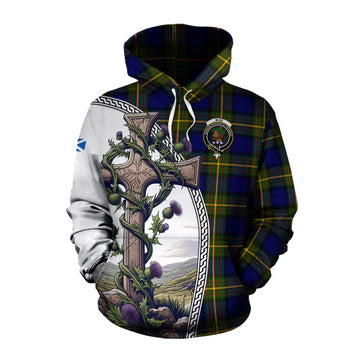 Muir Tartan Cotton Hoodie with Family Crest and St. Andrew's Cross Accented by Thistle Vines Pullover Hoodie XS - Tartan Vibes Clothing
