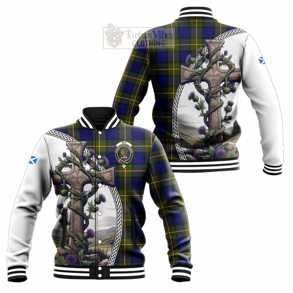 Tartan Vibes Clothing Muir Tartan Baseball Jacket with Family Crest and St. Andrew's Cross Accented by Thistle Vines