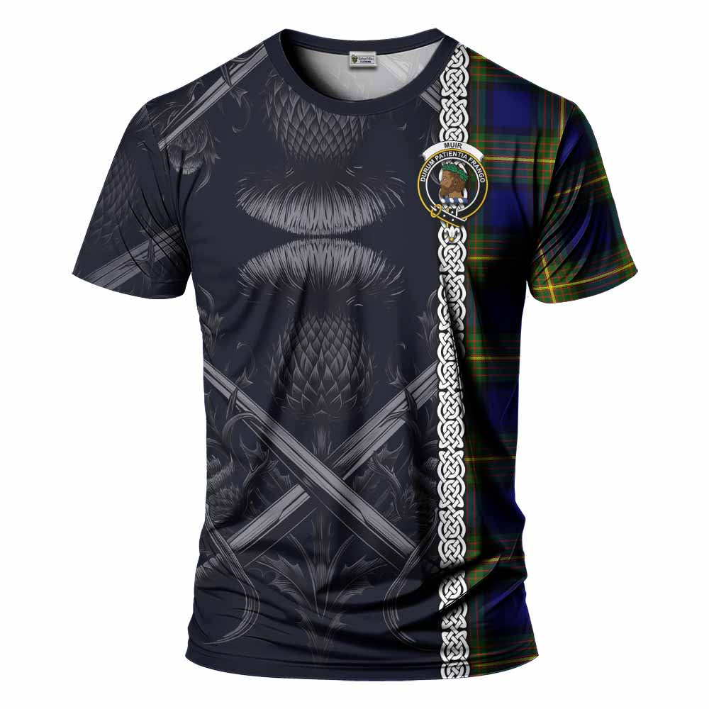 Tartan Vibes Clothing Muir Tartan T-Shirt with Family Crest Cross Sword Thistle Celtic Vibes