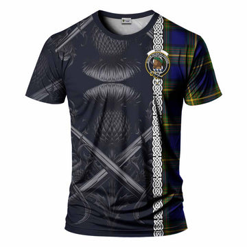 Muir Tartan T-Shirt with Family Crest Cross Sword Thistle Celtic Vibes