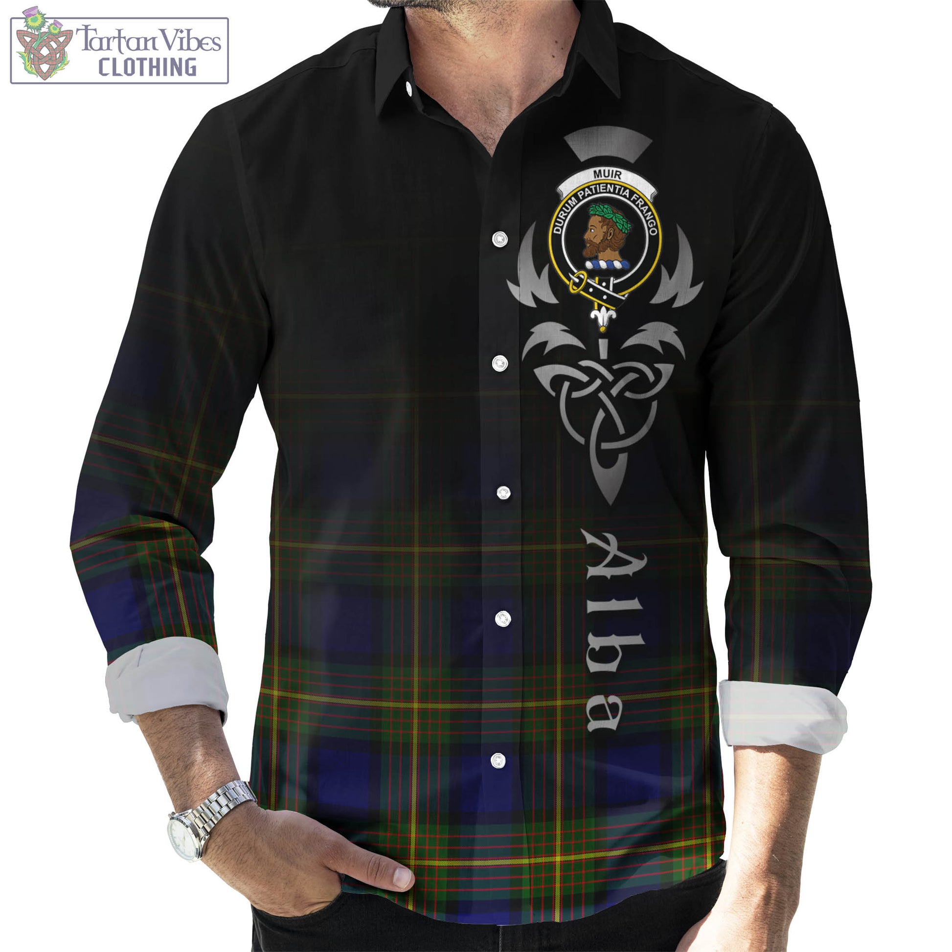 Tartan Vibes Clothing Muir Tartan Long Sleeve Button Up Featuring Alba Gu Brath Family Crest Celtic Inspired