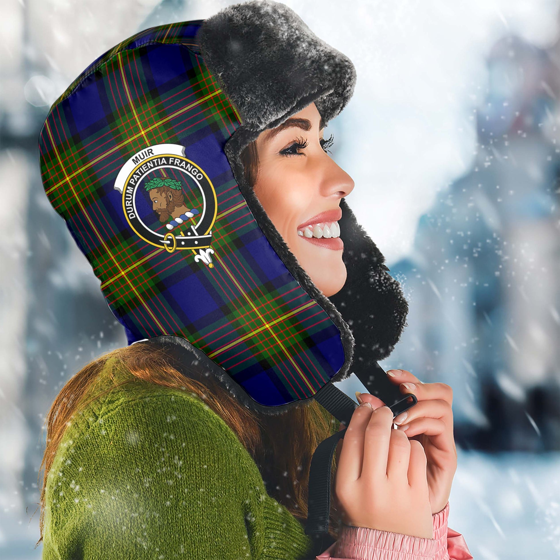 Muir Tartan Winter Trapper Hat with Family Crest Winter Trapper Hat Universal Fit Circumference 22.8in (58cm) - Tartanvibesclothing