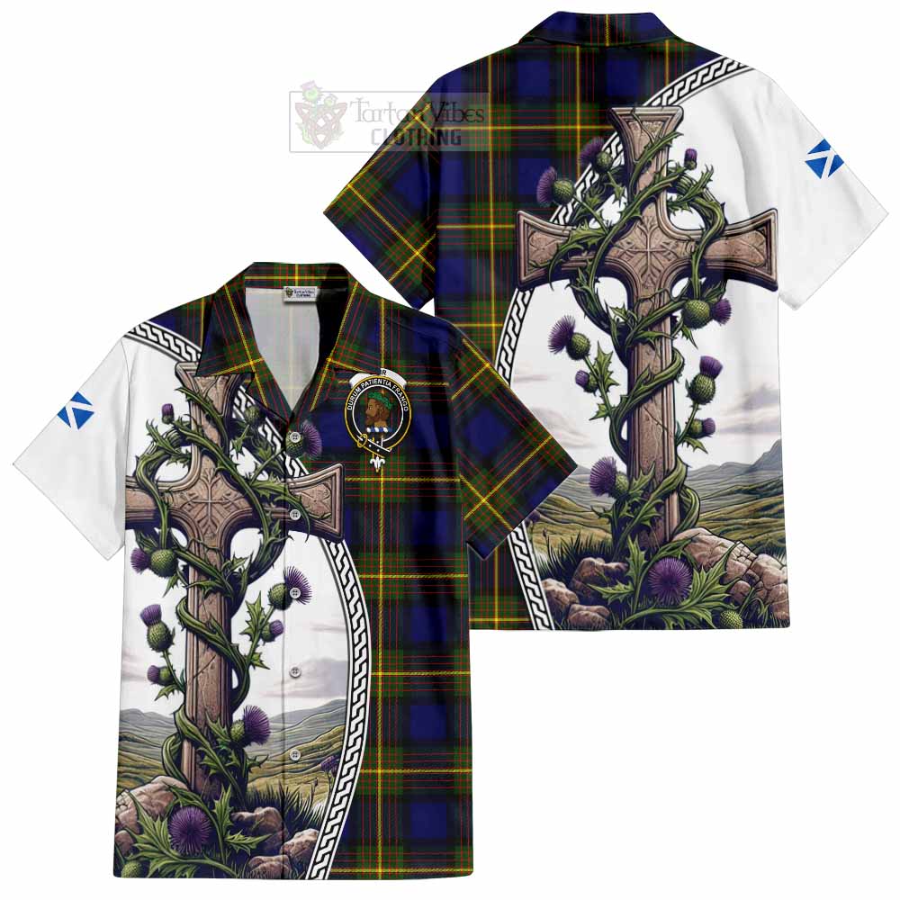 Tartan Vibes Clothing Muir Tartan Short Sleeve Button Shirt with Family Crest and St. Andrew's Cross Accented by Thistle Vines