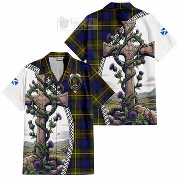 Muir Tartan Short Sleeve Button Shirt with Family Crest and St. Andrew's Cross Accented by Thistle Vines