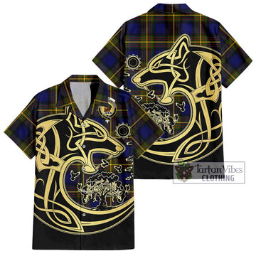 Muir Tartan Short Sleeve Button Shirt with Family Crest Celtic Wolf Style