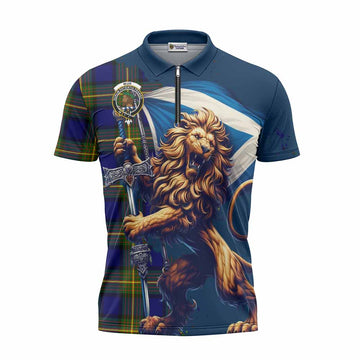 Muir Tartan Family Crest Zipper Polo Shirt with Scottish Majestic Lion