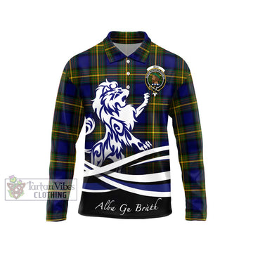 Muir Tartan Long Sleeve Polo Shirt with Alba Gu Brath Regal Lion Emblem Unisex - Tartan Vibes Clothing