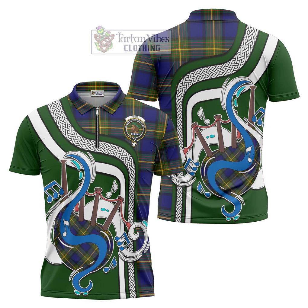 Muir Tartan Zipper Polo Shirt with Epic Bagpipe Style Unisex - Tartanvibesclothing Shop