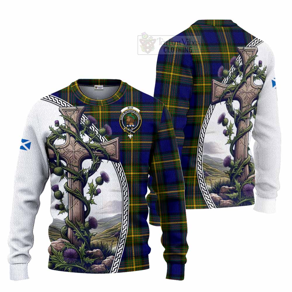 Tartan Vibes Clothing Muir Tartan Knitted Sweater with Family Crest and St. Andrew's Cross Accented by Thistle Vines