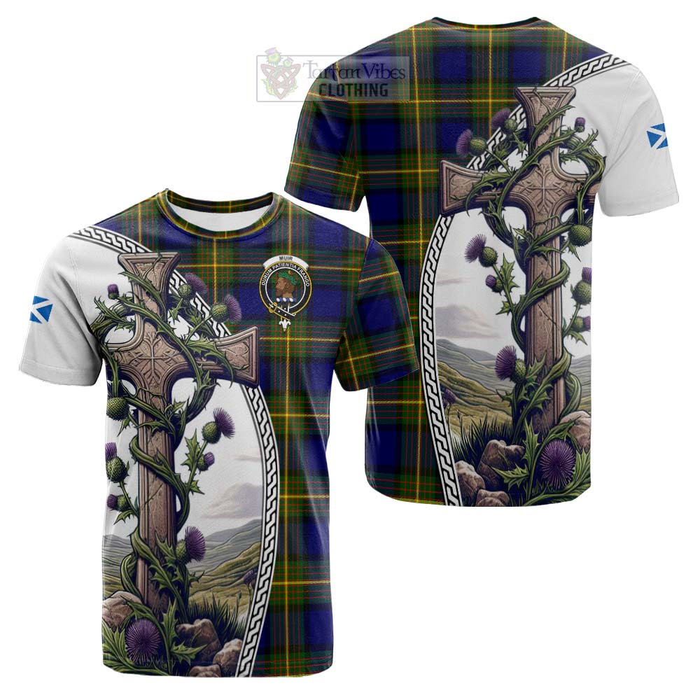 Tartan Vibes Clothing Muir Tartan Cotton T-shirt with Family Crest and St. Andrew's Cross Accented by Thistle Vines