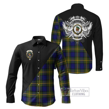 Muir Tartan Long Sleeve Button Shirt with Family Crest and Military Logo Style