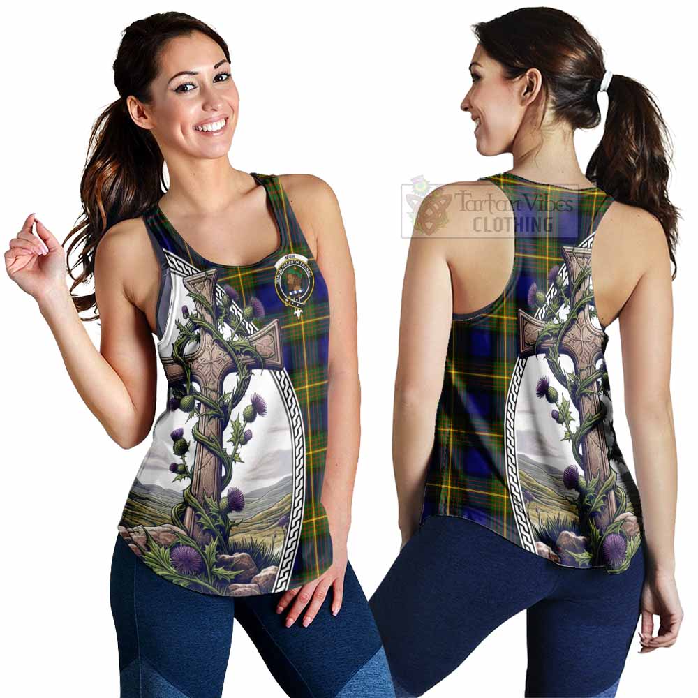 Tartan Vibes Clothing Muir Tartan Women's Racerback Tanks with Family Crest and St. Andrew's Cross Accented by Thistle Vines