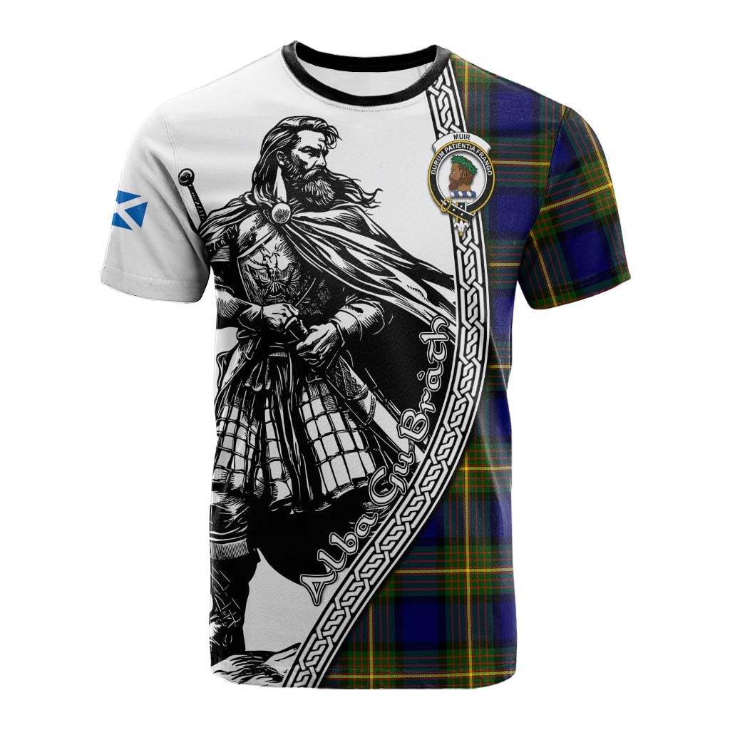 Muir Tartan Clan Crest Cotton T-shirt with Highlander Warrior Celtic Style