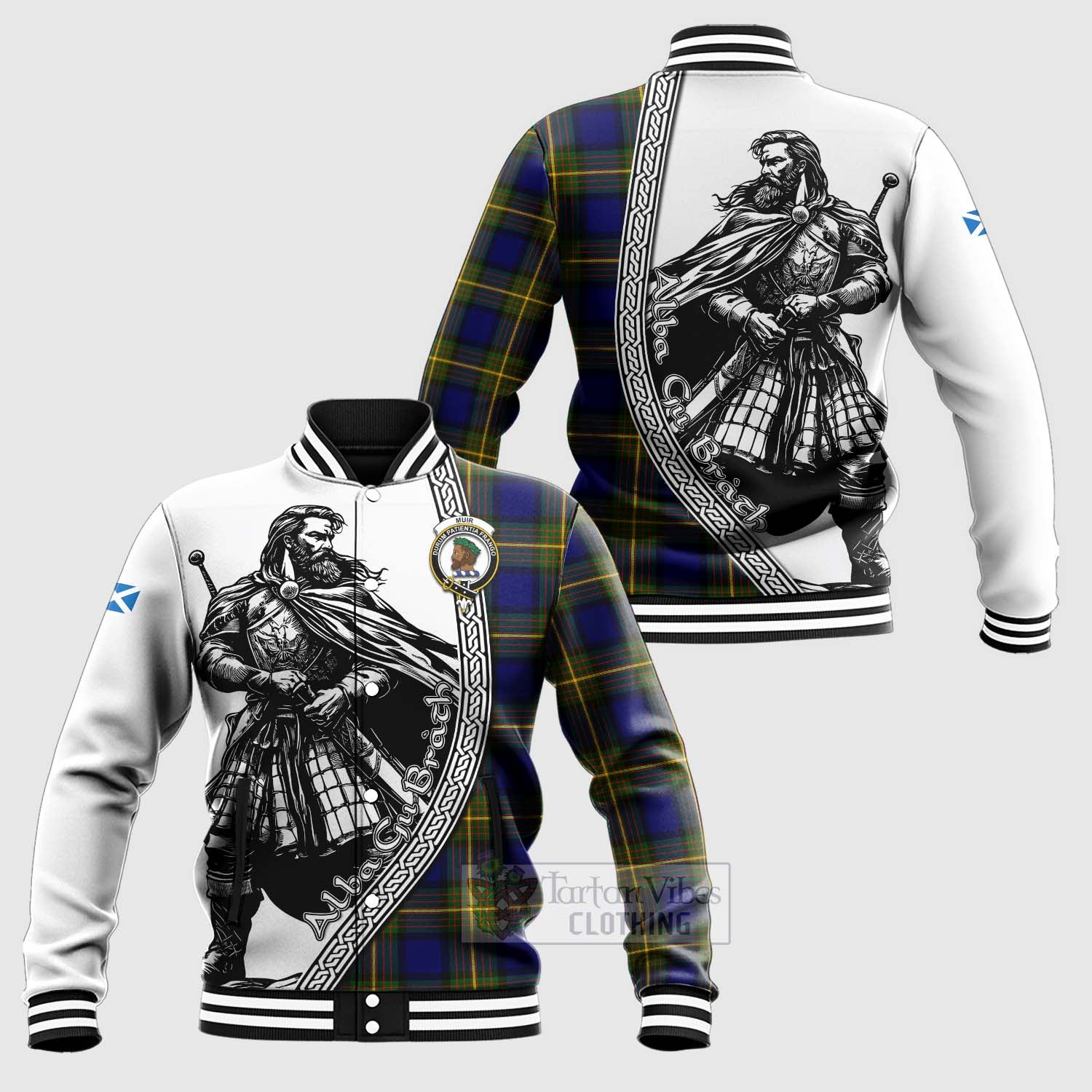 Tartan Vibes Clothing Muir Tartan Clan Crest Baseball Jacket with Highlander Warrior Celtic Style