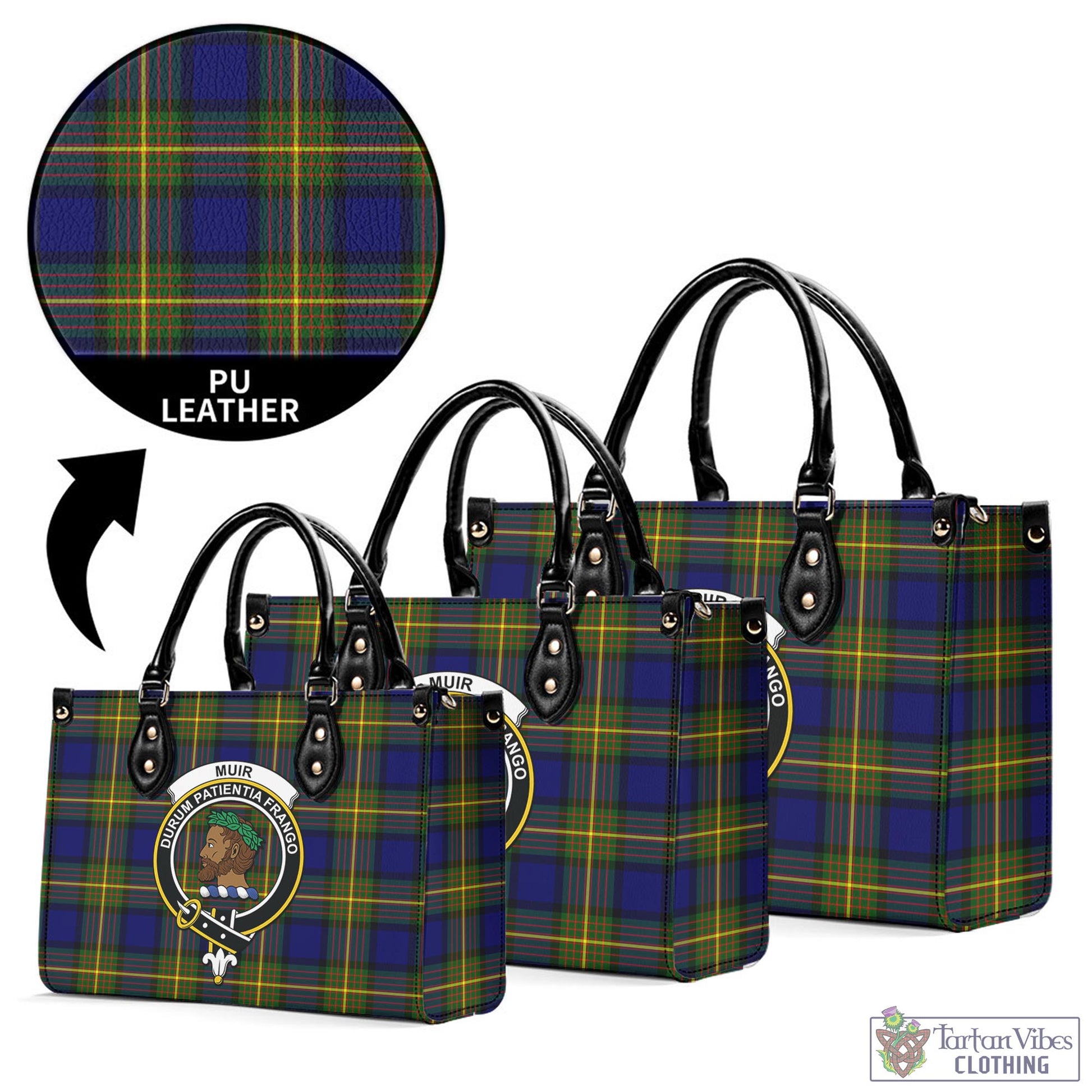 Tartan Vibes Clothing Muir Tartan Luxury Leather Handbags with Family Crest