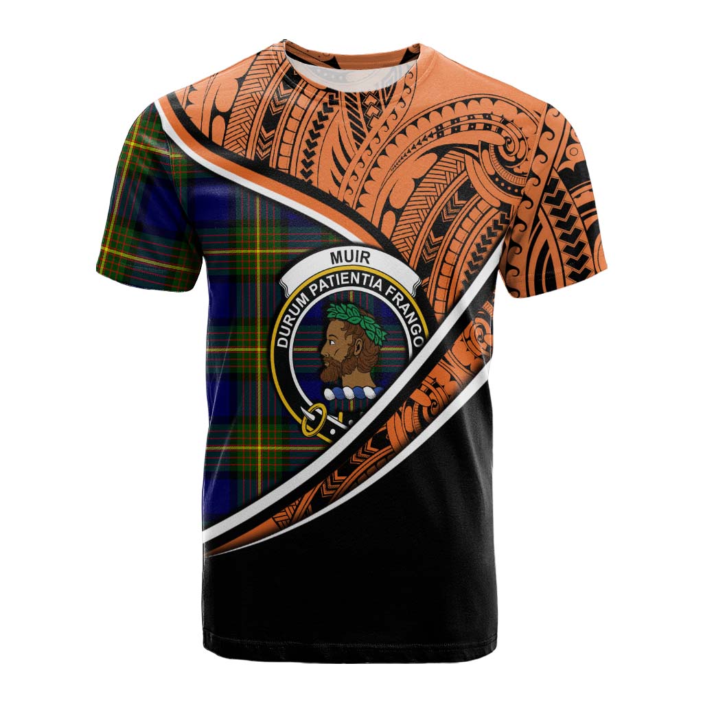 Tartan Vibes Clothing Muir Crest Tartan Cotton T-shirt with Maori Tattoo Style - Orange Version