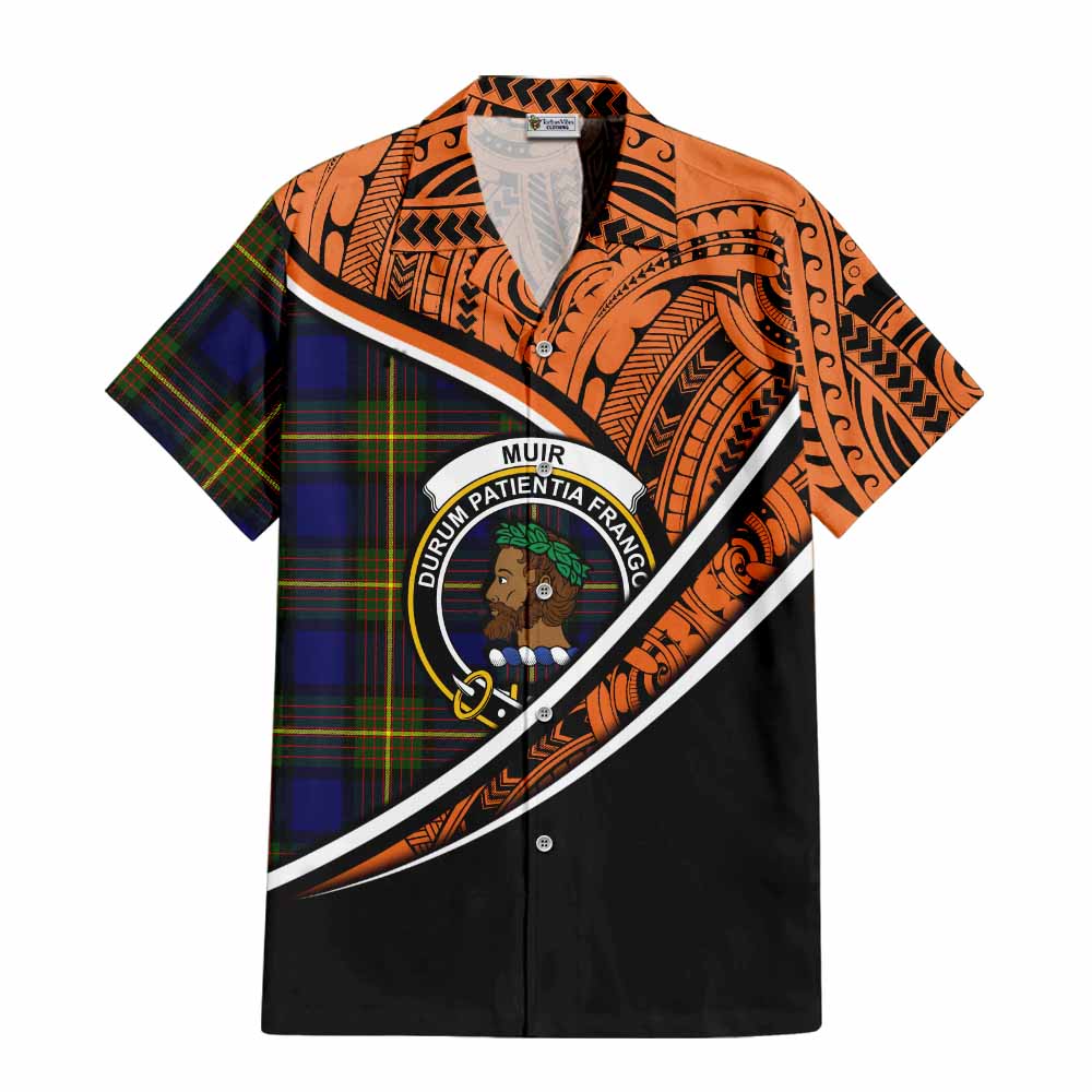 Tartan Vibes Clothing Muir Crest Tartan Short Sleeve Button Shirt with Maori Tattoo Style - Orange Version