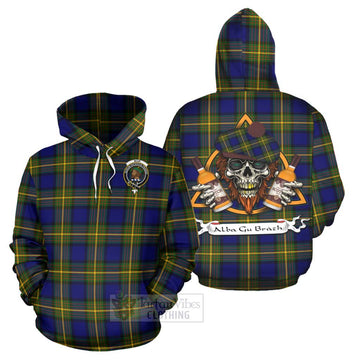 Muir Tartan Hoodie with Family Crest and Bearded Skull Holding Bottles of Whiskey