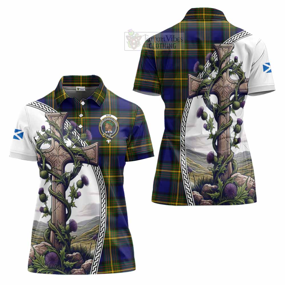 Tartan Vibes Clothing Muir Tartan Women's Polo Shirt with Family Crest and St. Andrew's Cross Accented by Thistle Vines