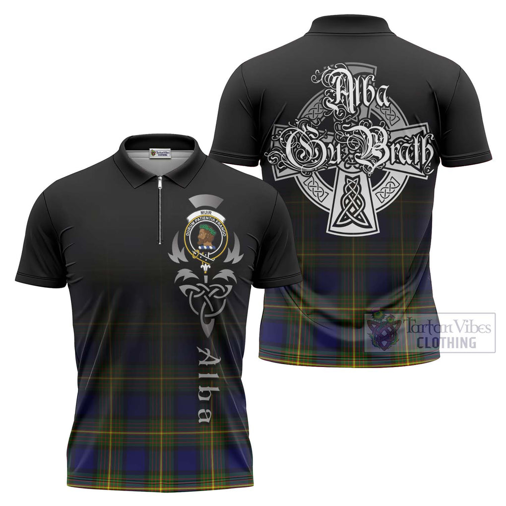 Tartan Vibes Clothing Muir Tartan Zipper Polo Shirt Featuring Alba Gu Brath Family Crest Celtic Inspired