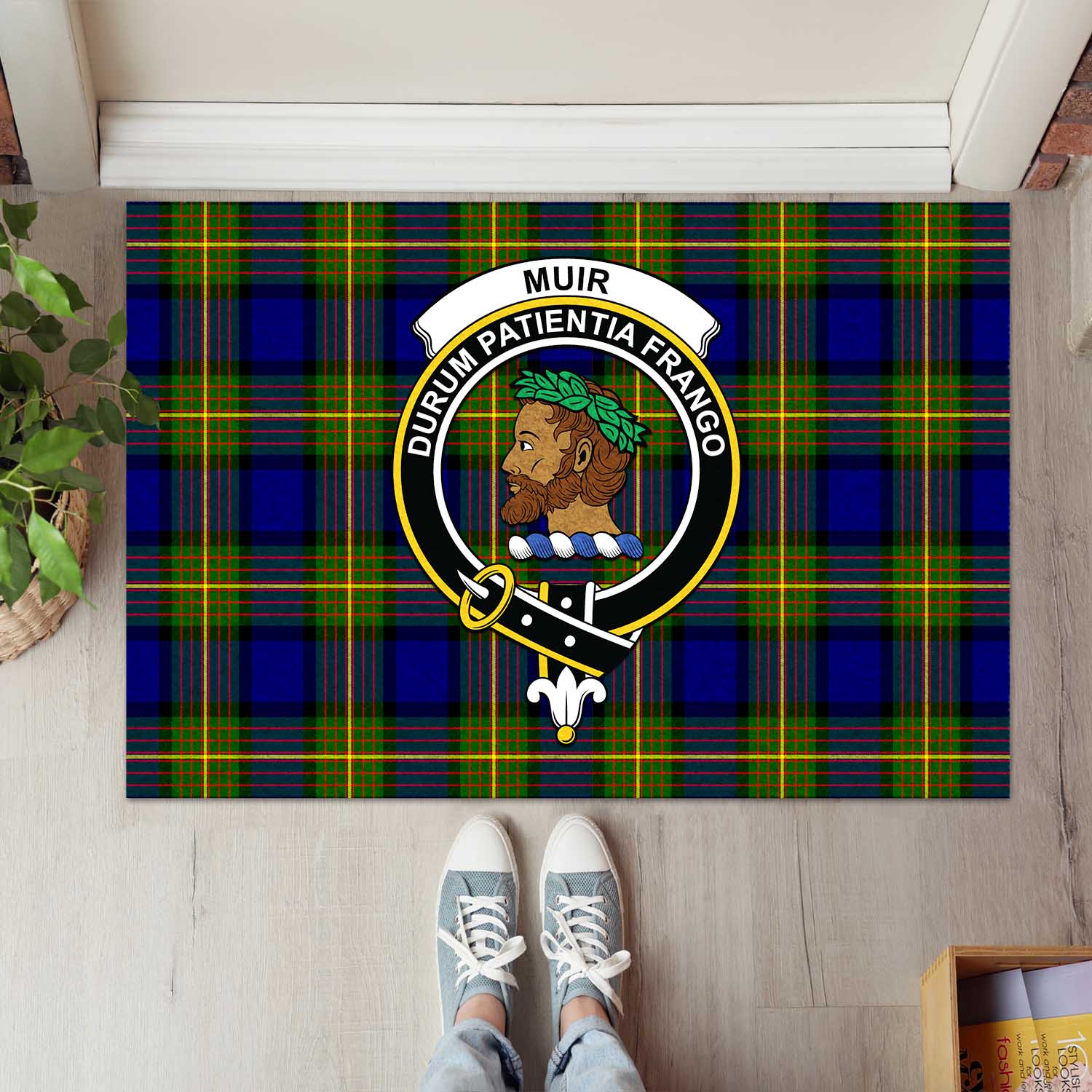 Muir Tartan Door Mat with Family Crest - Tartanvibesclothing