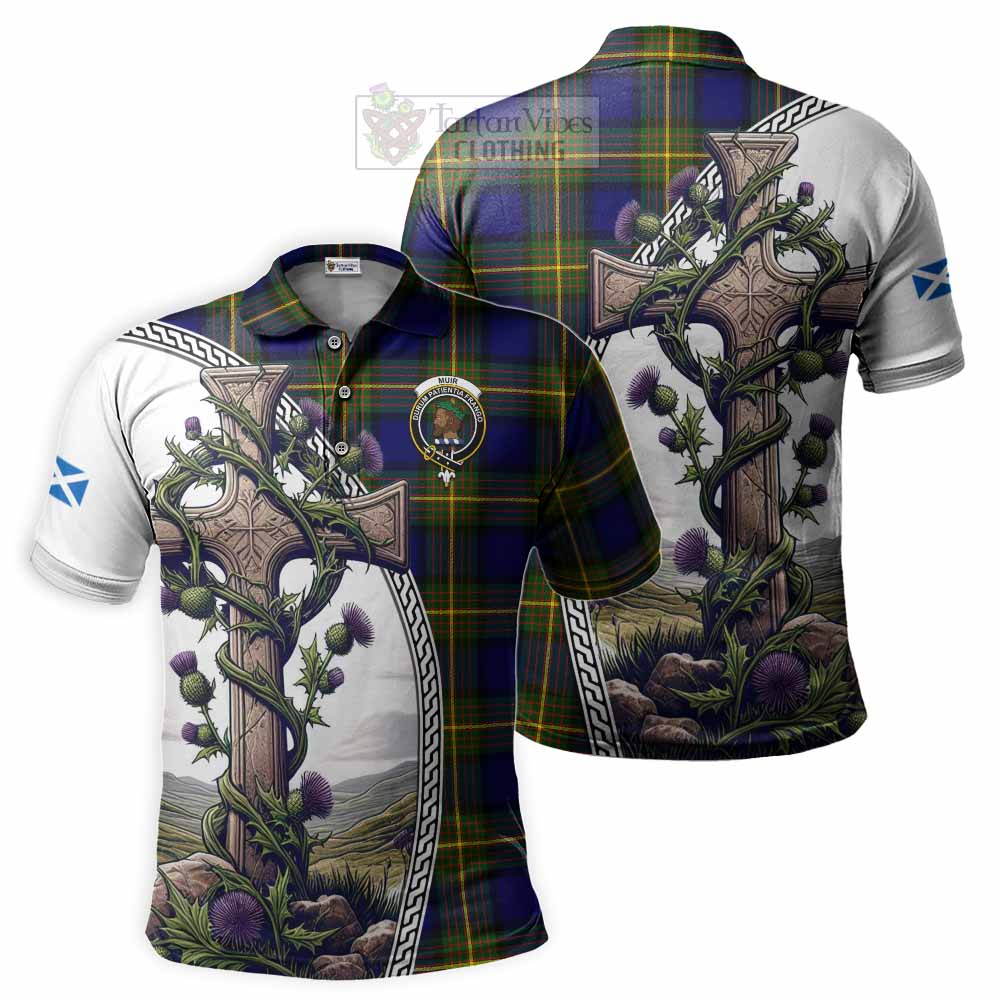 Tartan Vibes Clothing Muir Tartan Polo Shirt with Family Crest and St. Andrew's Cross Accented by Thistle Vines