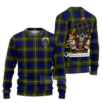 Muir Tartan Ugly Sweater with Family Crest and Bearded Skull Holding Bottles of Whiskey