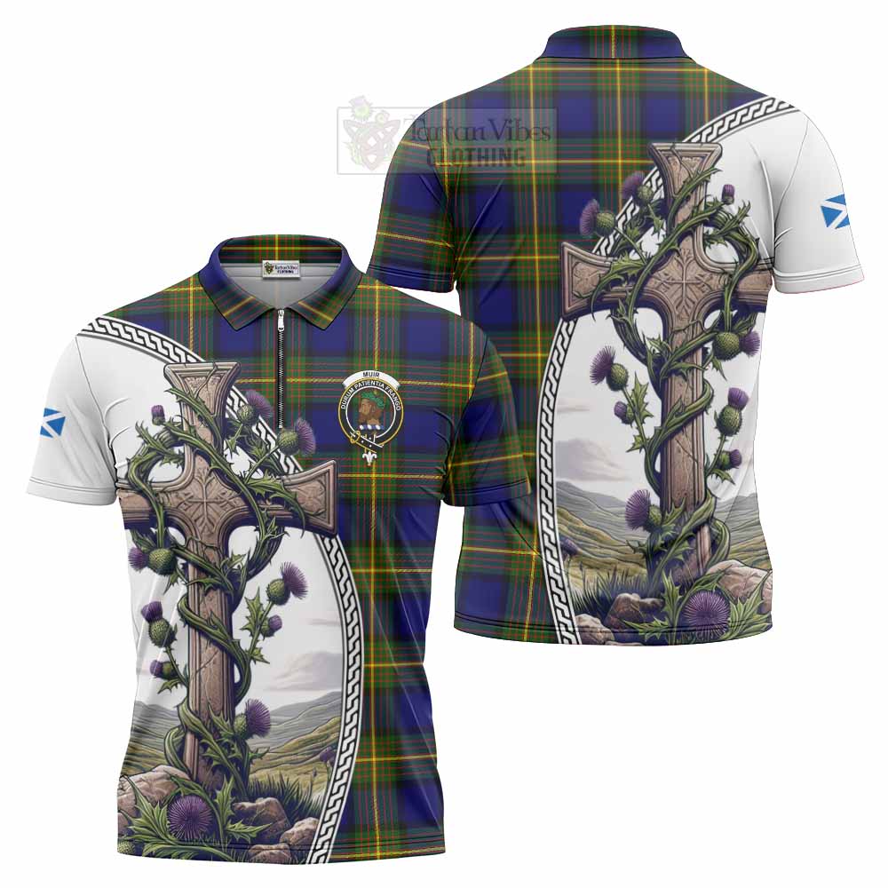 Tartan Vibes Clothing Muir Tartan Zipper Polo Shirt with Family Crest and St. Andrew's Cross Accented by Thistle Vines