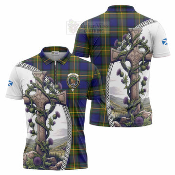 Muir Tartan Zipper Polo Shirt with Family Crest and St. Andrew's Cross Accented by Thistle Vines