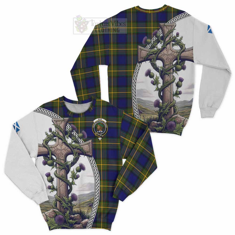 Tartan Vibes Clothing Muir Tartan Sweatshirt with Family Crest and St. Andrew's Cross Accented by Thistle Vines