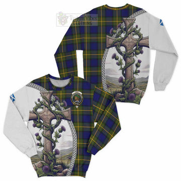 Muir Tartan Sweatshirt with Family Crest and St. Andrew's Cross Accented by Thistle Vines