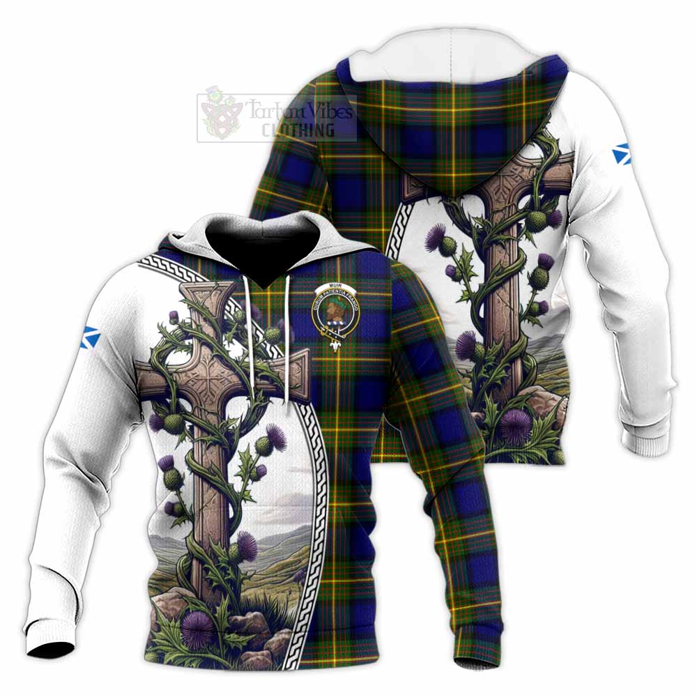 Tartan Vibes Clothing Muir Tartan Knitted Hoodie with Family Crest and St. Andrew's Cross Accented by Thistle Vines